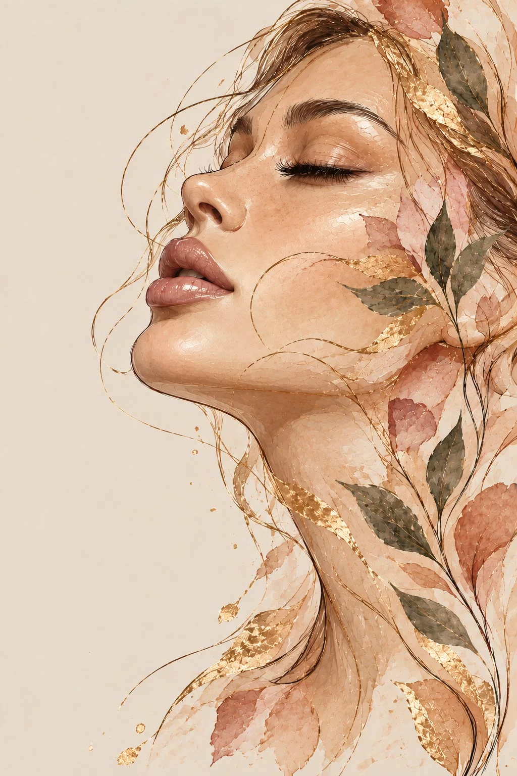 Watercolour illustration of a woman's face in profile, with leaves and gold leaf
